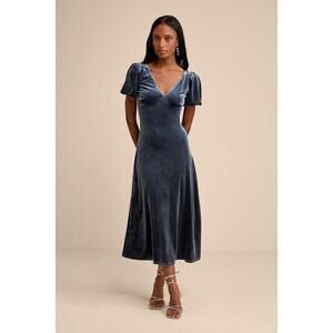 Lulus Obrissa Slate Blue Velvet Puff Sleeve Tie-back Midi Dress - Size Large